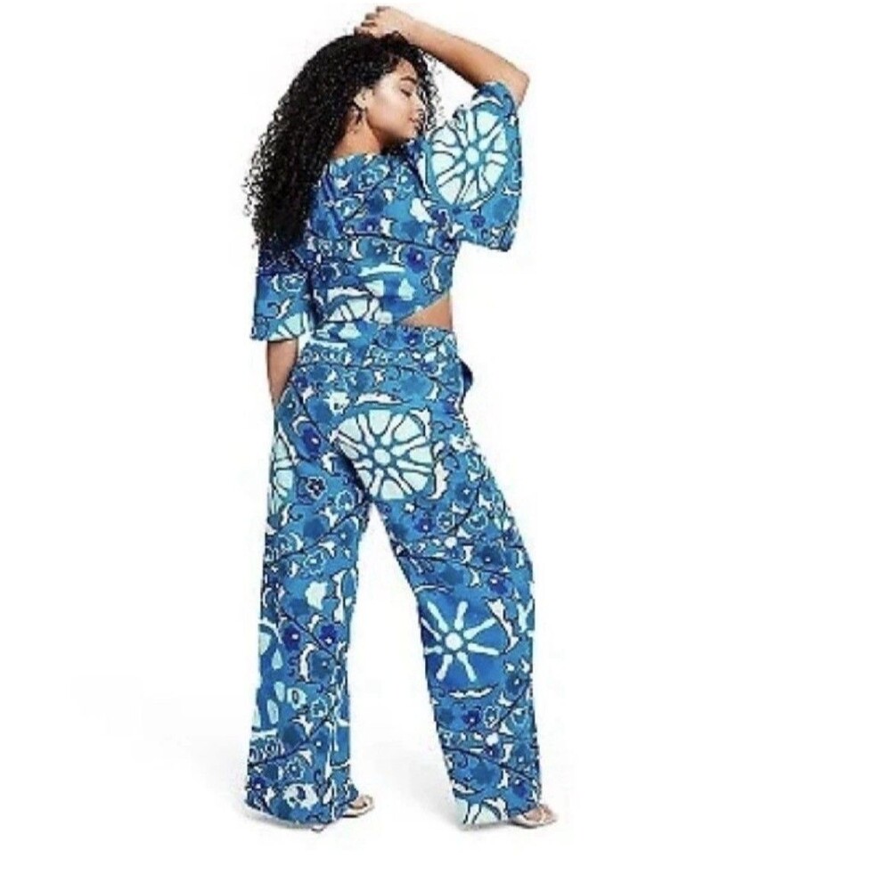 Rhode Womens Blue Floral Cut Out Waist Wide Leg One Piece Jumpsuit Linen Xl